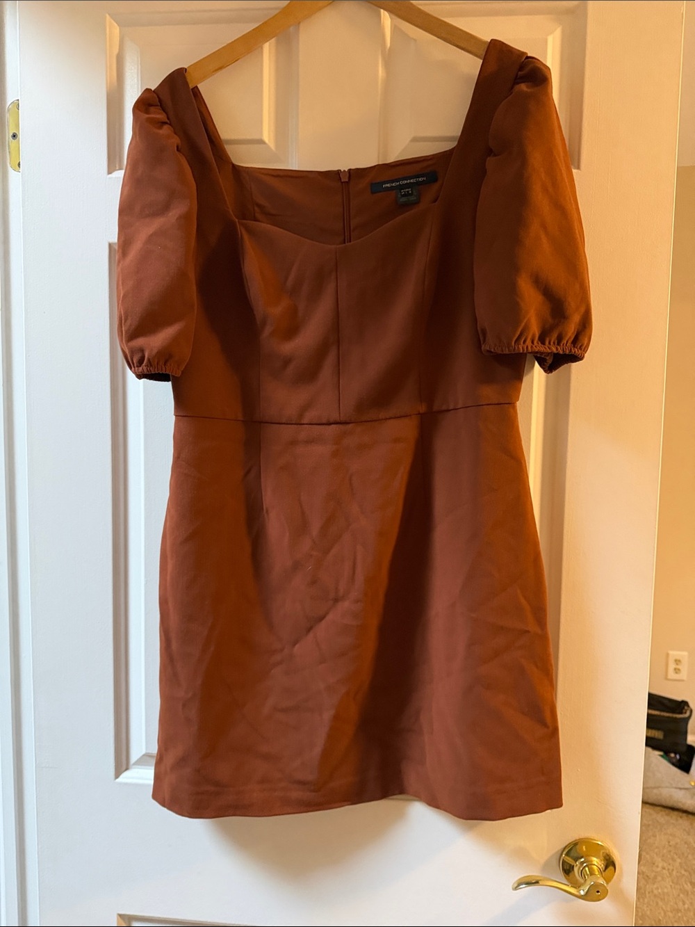 French Connection Rust Puff Sleeve Square Neck Mini Dress